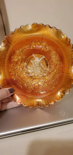 Vintage Imperial Marigold Carnival Glass Windmill Ruffled Scalloped Edge Bowl