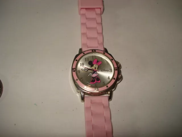 Rare Disney Mickey Minnie Mouse Pie Face Silver Watch Chrono Pink Poly Band