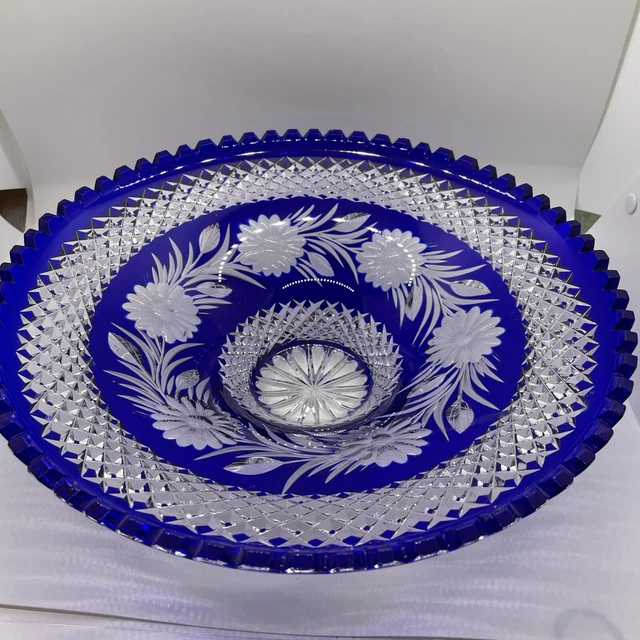 VTG Cobalt Blue CzechBohemian Cut To Clear Crystal Centerpiece Bohemian Bowl