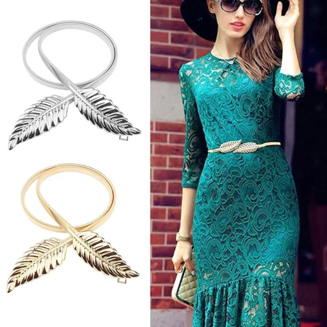 Women Belt Gold Silver LEAF Elastic Metal Stretch High Waist Dress Cummerbund ~