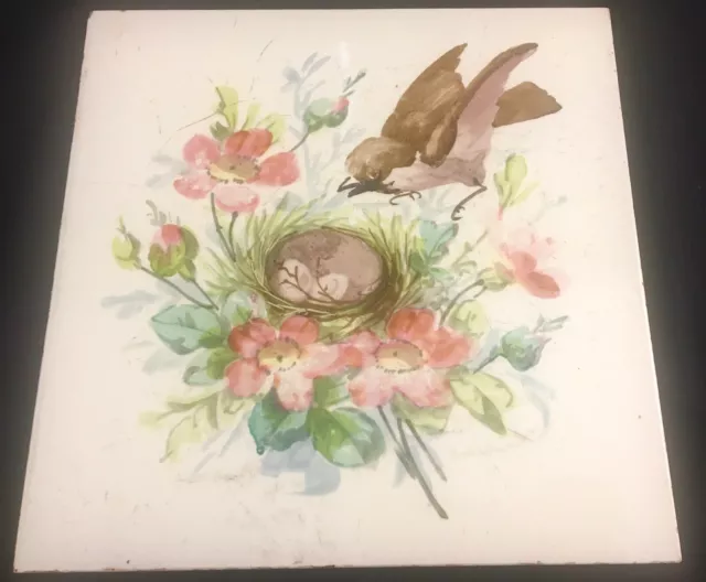 ° Rare 1900 Longwy Lovely  Bird in Nest with eggs Art Nouveau Tile handpainted