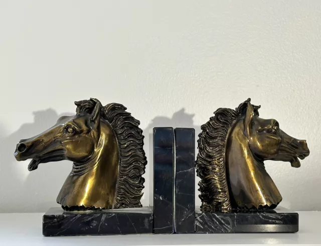 Antique By A. Giannelli Bookends Equestrian Horse Italian Pewter Head Vintage 3