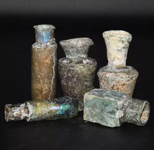 Lot Sale 5 Ancient Roman Glass Medicine & Cosmetic Bottle C. 1st -3rd Century AD