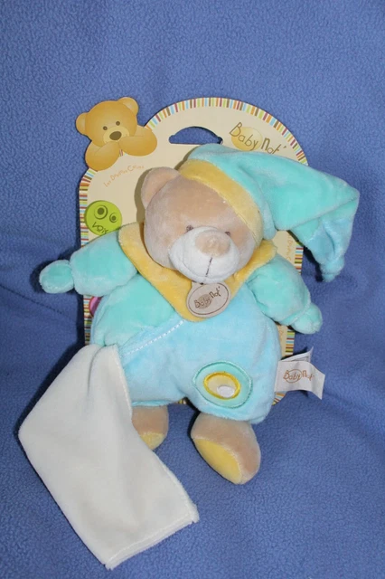 Doudou Babynat Baby nat Ours Pantin Bleu jaune Mouchoir blanc Bonnet 26 cm NEUF