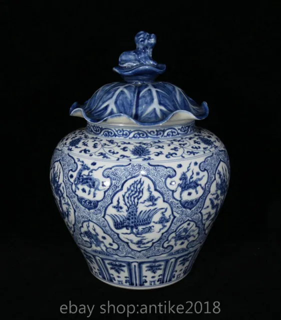 12.8"Chenghua Marked China Blue White Porcelain Dynasty Dragon Phoenix Crock Pot