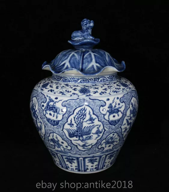 12.8"Chenghua Marked China Blue White Porcelain Dynasty Dragon Phoenix Crock Pot