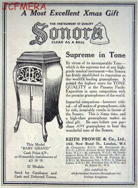 Keith Prowse 'SONORA Baby Grand' Gramophone ADVERT - Small 1921 Print AD