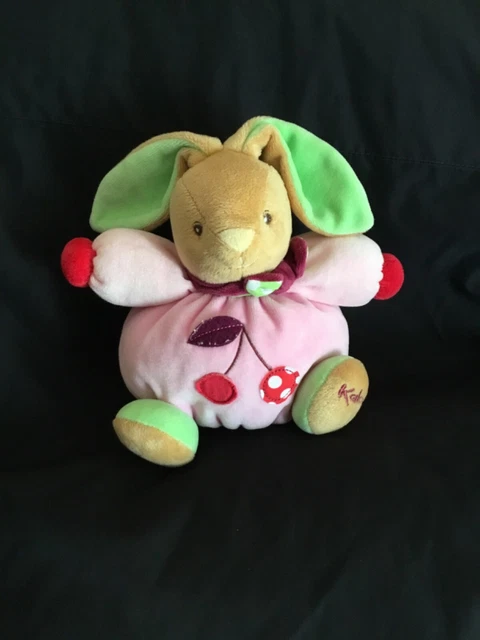 Peluche doudou lapin boule KALOO rose vert cerises