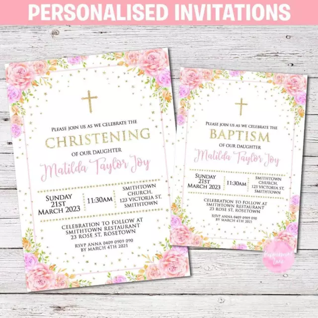 DIGITAL BAPTISM CHRISTENING Party Invitation Invite Girls Boys Child Pink Floral