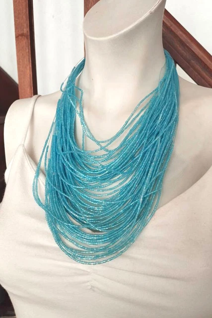 Collier Multi-rangs Doré Avec Perles Turquoise - 3 Chaînes Pendentifs