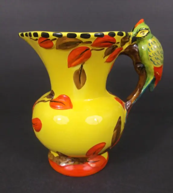 WADE HEATH Hand Painted Ceramic Pitcher Yellow Blue Green Parrot Bird Handle