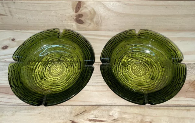 Vintage Ashtray Anchor Hocking Soreno Green Ripple Birds Nest 1960's Lot Of 2