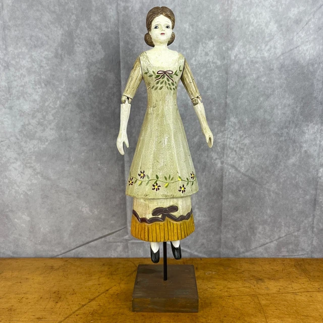 Foreside Wooden Carved Painted Brunette Folk Doll Figurine Display Jointed Arms