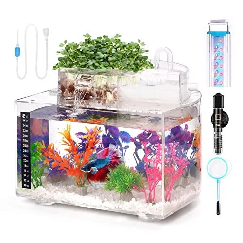 Betta Fish Tank Kit, 3 Gallon Aquarium Self-Cleaning with LED Light, Filter,