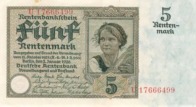 Deutschland Germany 5 Rentenmark 1926 (Serie U) Ro164b XF