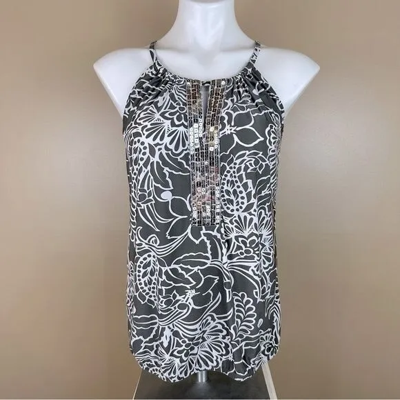 INC International Concepts Gray & White Sleeveless Sequined Floral Top Blouse S