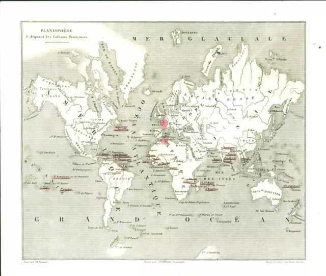 Reissue of old engraving map region department French colonies