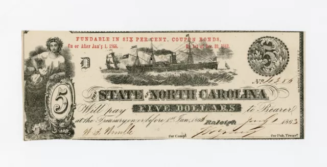 1863 Cr.124 $5 The State of NORTH CAROLINA Note - CIVIL WAR Era UNC