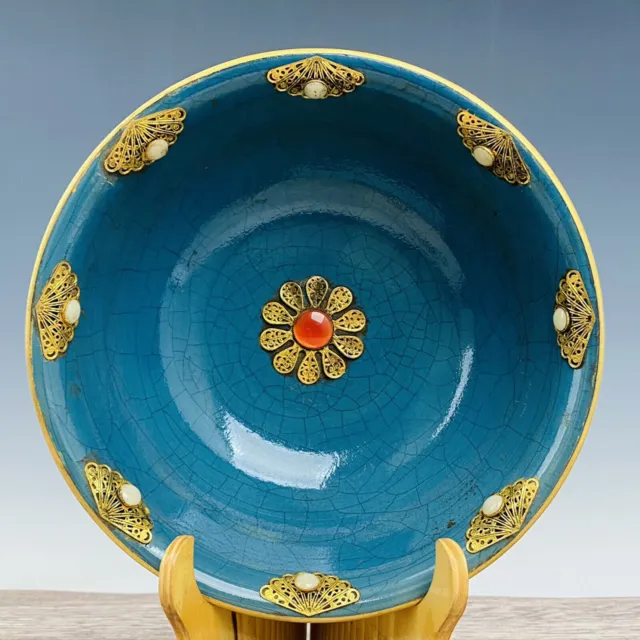 Chinese Chai Kiln Porcelain Inlay Gemstone Handmade Exquisite Bowl  AC0809
