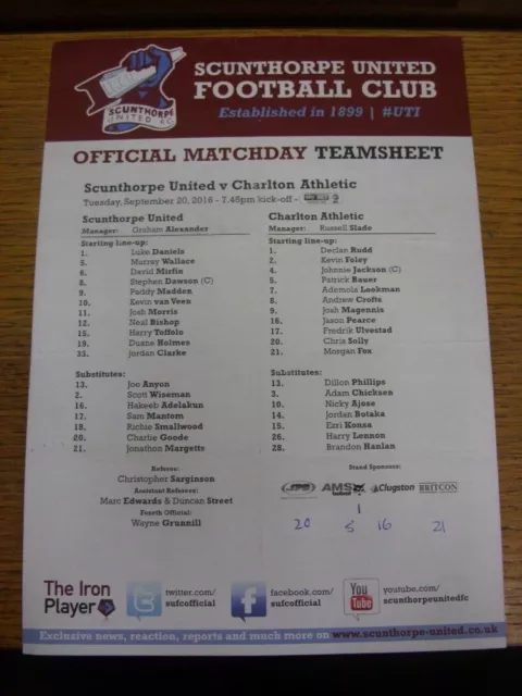 20/09/2016 Colour Teamsheet: Scunthorpe United v Charlton Athletic  (folded). Co