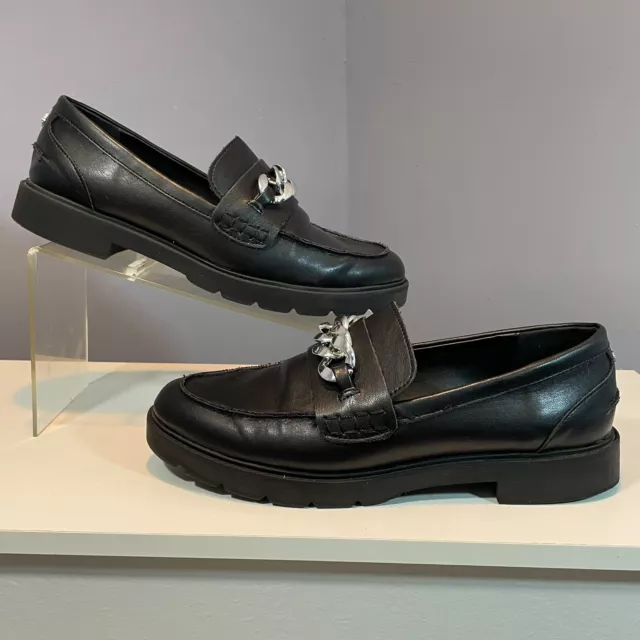 Anne Klein Eunice Loafer, Women's Size 8.5 M Black Gold Chain Chunky Heel