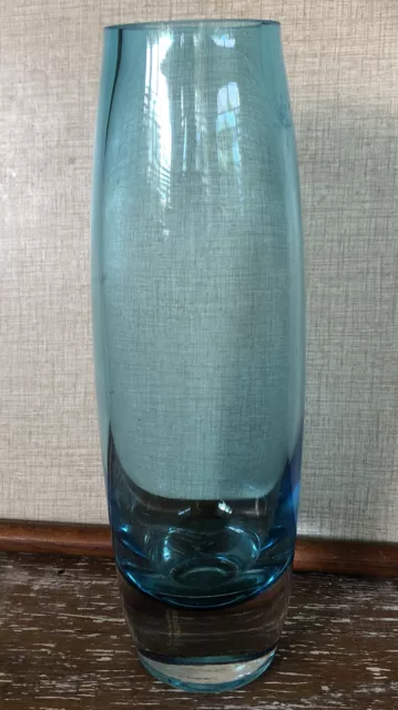 VINTAGE HEAVY Aqua Teal BLUE ENCASED GLASS VASE WITH SOLID Clear BASE~ 25cm tall