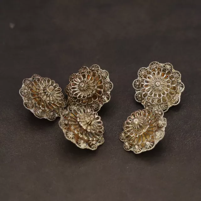 VTG Sterling Silver - Set of 5 SIAM Cannetille Flower Pebbled Buttons - 7g
