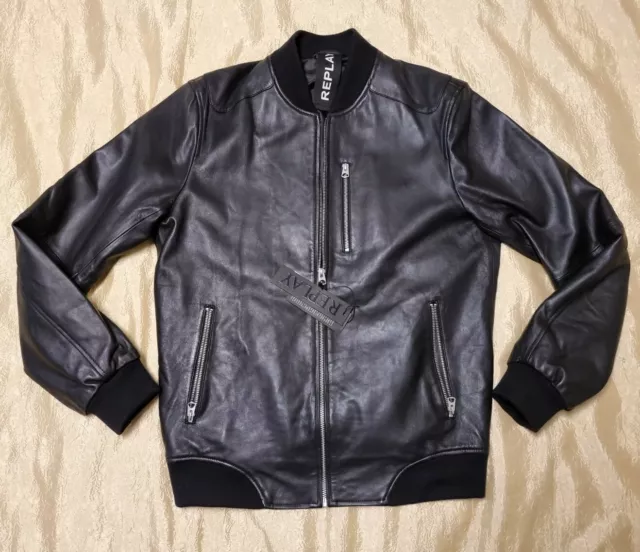 Replay leather deals bomber jacket