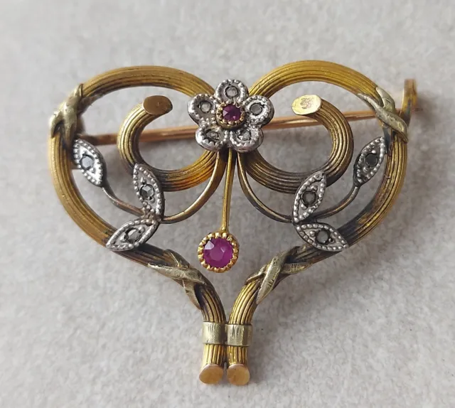 Ancienne magnifique broche en plaqué or et rubis, art nouveau 1900, FIX
