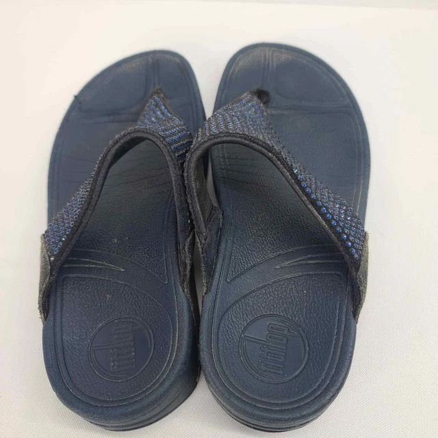Fitflop Lulu Rhinestone Sandals 5 Blue Black Crystal Toe Post Wedge Thong 3