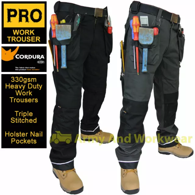 Triple Stitched Heavy Duty Tuff Canvas Pro Work Trouser Tool Pockets Pants Mens