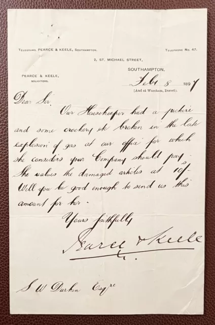 1897 Pearce & Keele, Solicitors, 2 St. Michael Street, Southampton Letter