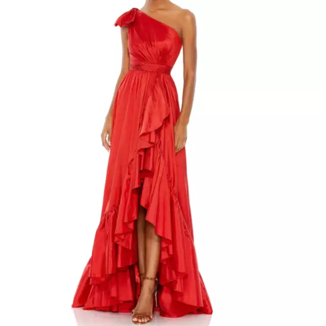 MAC DUGGAL Dress Size 4 Evening Gown Red Bow One Shoulder Ruffle Asymmetrical