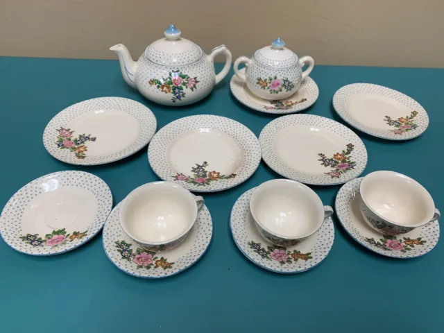 Vintage Childrens Tea Set Blue Dot Floral 14 Piece Made In Japan