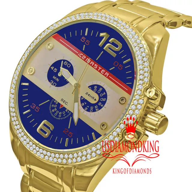 Blue Face Mens 18K Yellow Gold Finish Analog Simulated Diamond Watch Metal Band