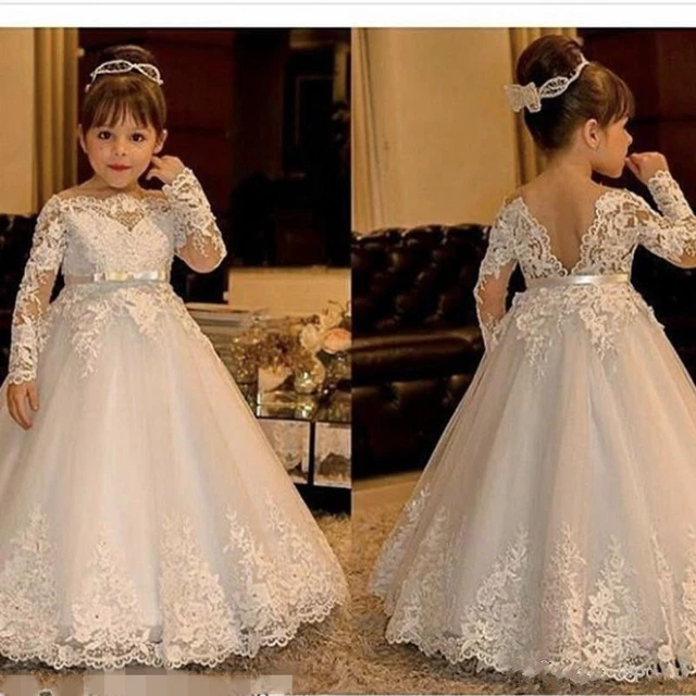 Long Sleeve Lace Flowers Girls Dress for Weddings Girls First Communion Dresses