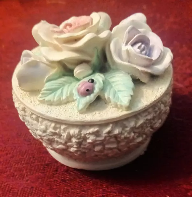 Vintage Dezine Hand Painted Roses and Ladybug Small Trinket Box