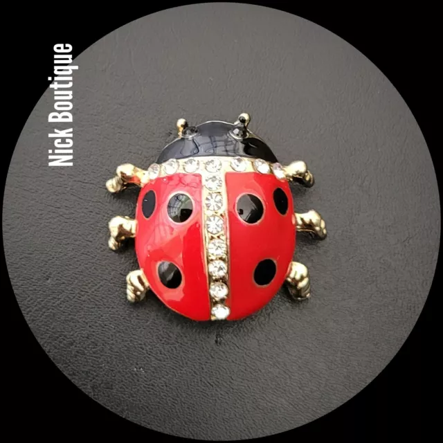 Ladybird Red Black Insect Crystal Ladybug Brooch Pin Gold Tone Vintage Look Gift