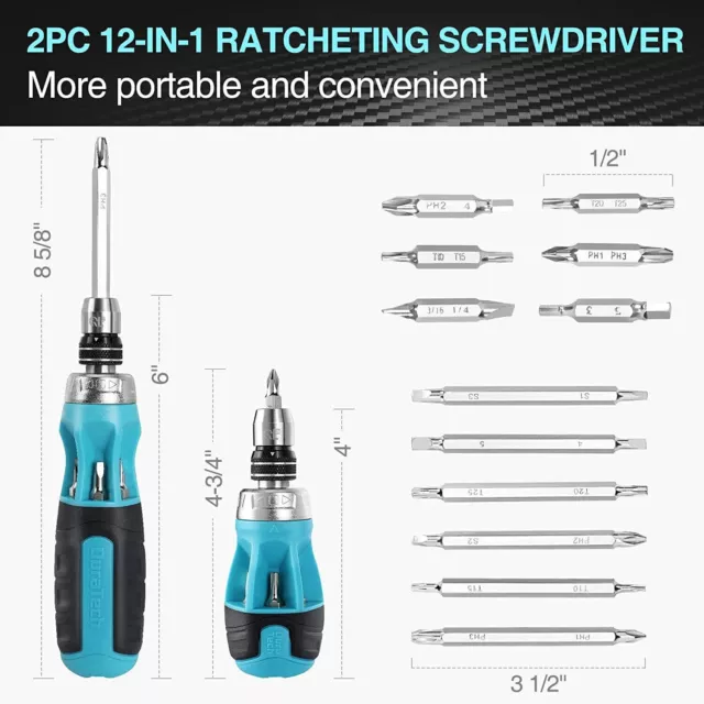 2PCS 12-in-1 Ratcheting Screwdriver Set Multi-bit Screw Driver Set Phillips, Slo