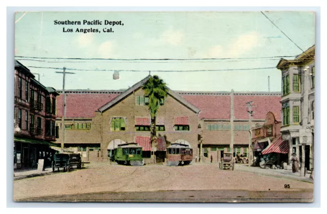 LOS ANGELES, CA Postcard-  SOUTHERN PACIFIC DEPOT CAL TROLLEY CARS