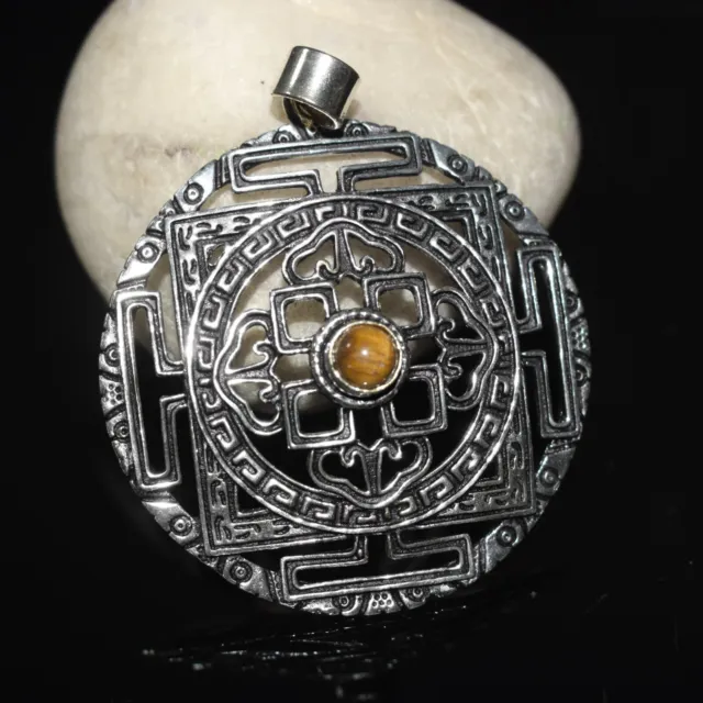 Sri Yantra Necklace Brass Chain Pendant With Tiger Eye Gemstone Sacred Geometry