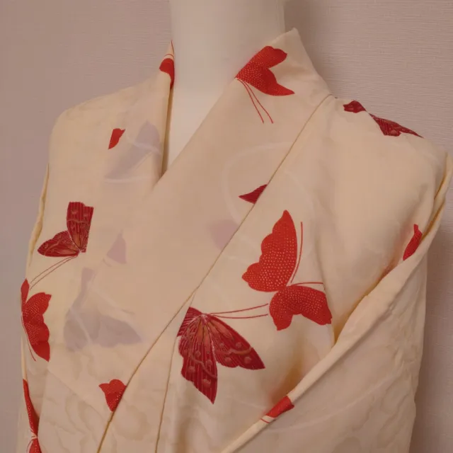 Woman Japanese Kimono Komon Synthetic Butterfly Cloud Red Cream