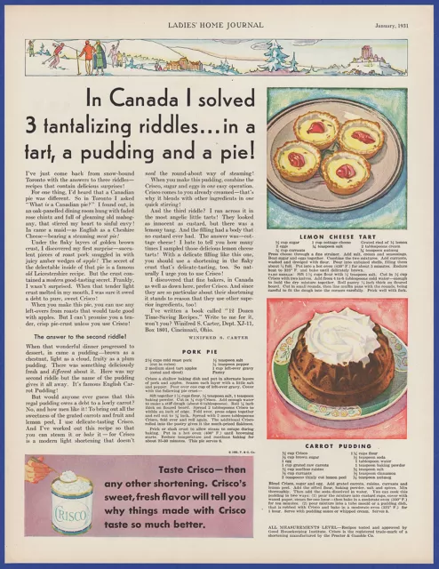 Vintage 1931 CRISCO Shortening Lemon Cheese Tart Carrot Pudding 30's Print Ad