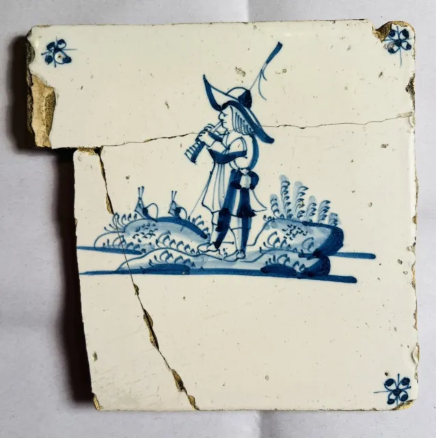 17th or Early 18th Century Dutch Blue and White Delft Tile - Country Piper A21