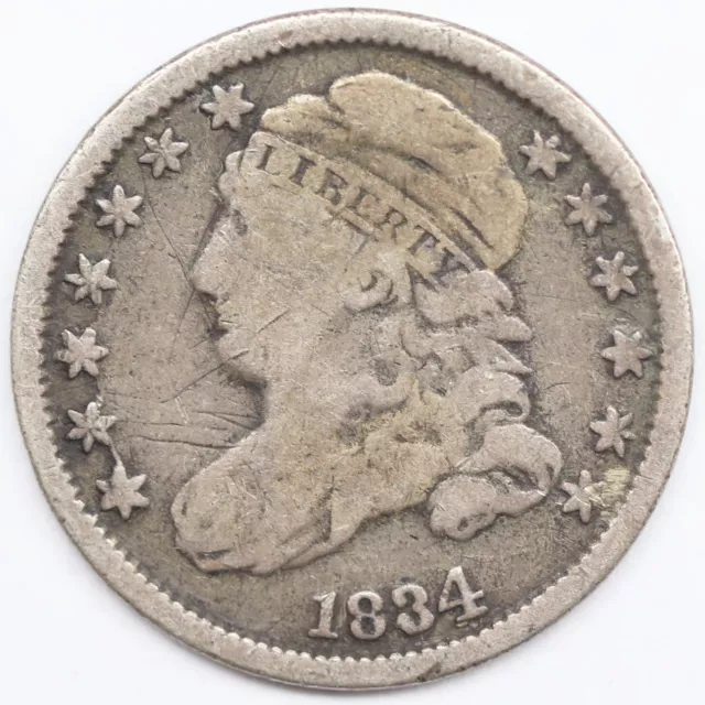 1834 American Capped Bust Dime Large 4 Philadelphia Mint US 10C Silver Coin