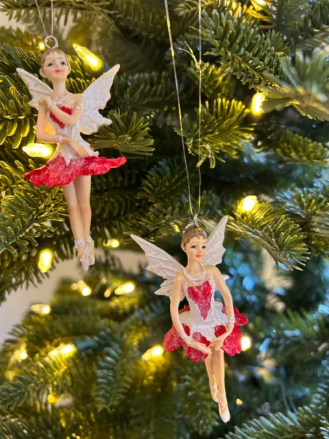Gisela Graham Christmas Ballerina Fairy Red White Glitter Resin Tree Decoration