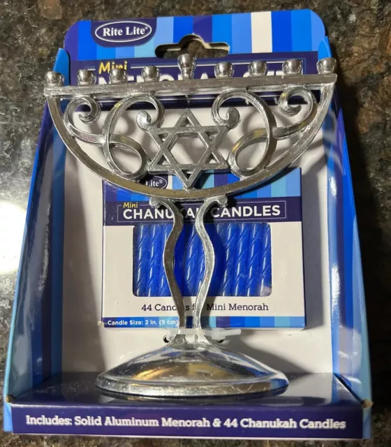 Chanukah Rite -Lite  Mini Aluminum Menorah With Mini Candles Hanukkah New