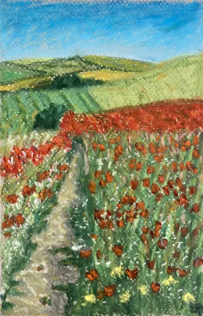 Peinture Pastel Impressionniste Champ De Coquelicots En Ete