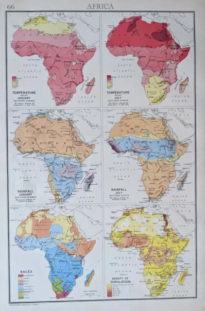 1942 Map Africa Races Density Of Population Climate Temperature & Rainfall