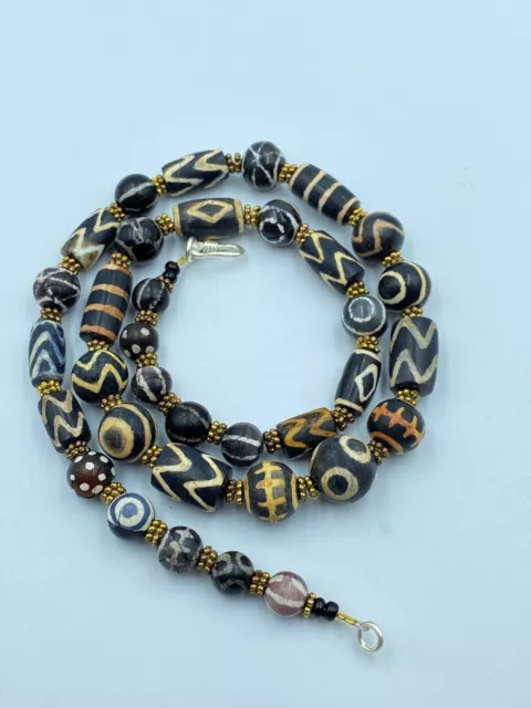 Ancient Pyu Dynasty Old Antique Black Etched Vintage Jewelry Trible Beads Mala